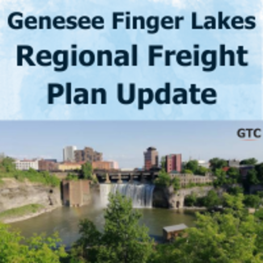 Genesee Finger Lakes Regional Freight Plan Update title with image of freight train over high falls