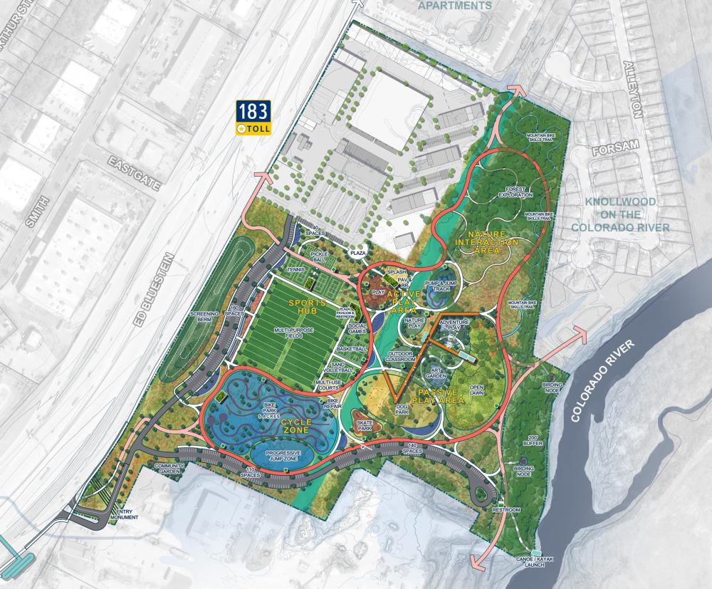 Imagen aérea del borrador del plan conceptual final para el futuro parque del distrito de Bolm.