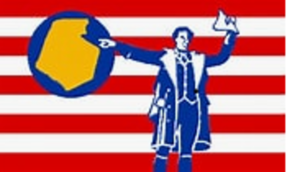 Striped flag with colonial man pointing to a map of Frederick County
