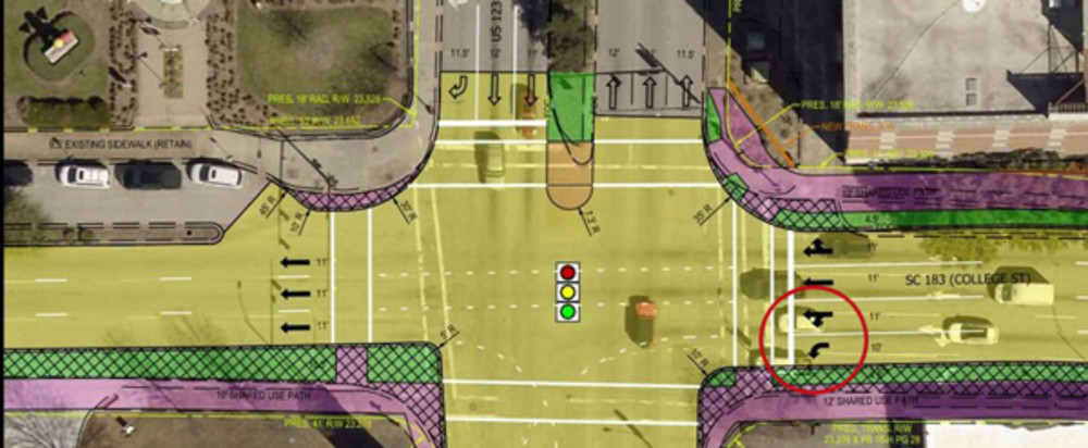 map showing one left turn lane and one shared lane