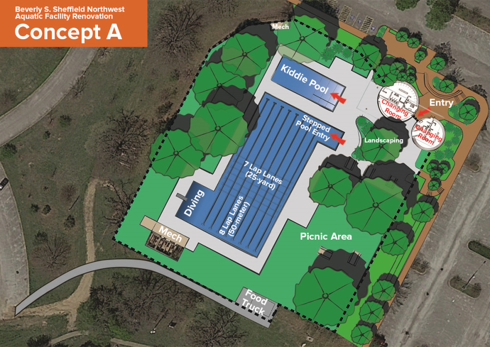 Northwest Pool Concept A showing lap lanes, kiddie pool, entry, lawn area, bathhouse