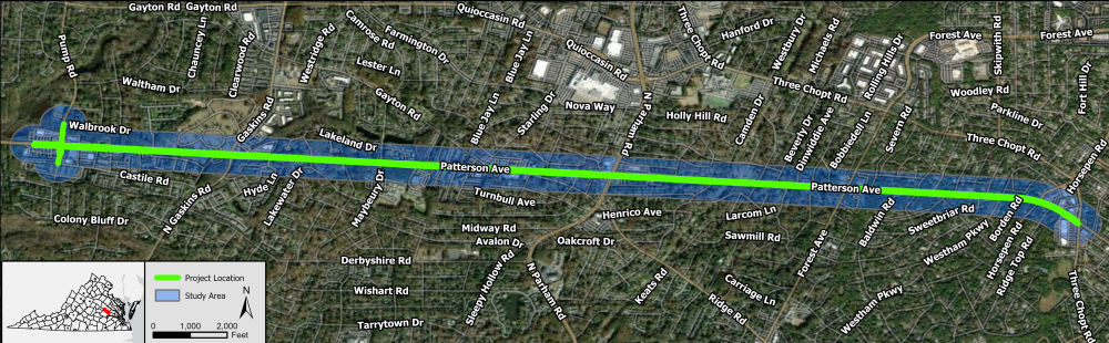 Study area map for Project Pipeline Study RI-23-07 depicting the Route 6 (Patterson Avenue) corridor from Pump Road to Three Chopt Road in Henrico County.