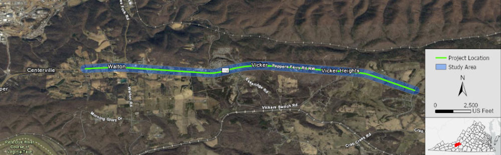 Study area map for Project Pipeline Study SA-23-08 depicting the Peppers Ferry Road (Route 114) corridor from Shamrock Circle to Rolling Hills Drive (Route 1286) within Montgomery County