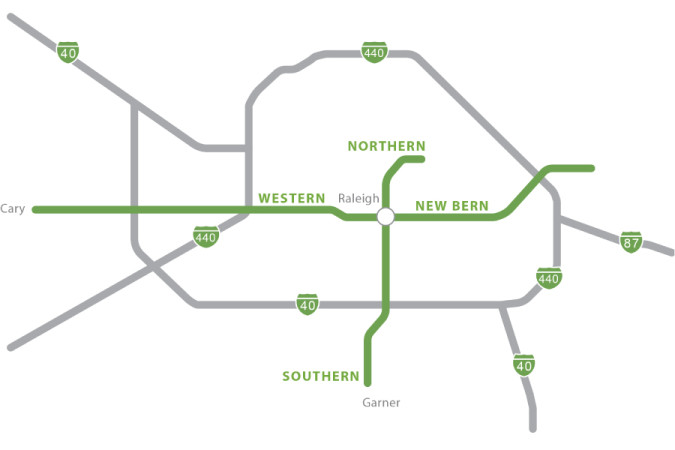 Map of Raleigh 4 highlighted routes for BRT - Northern New Bern Southern Western