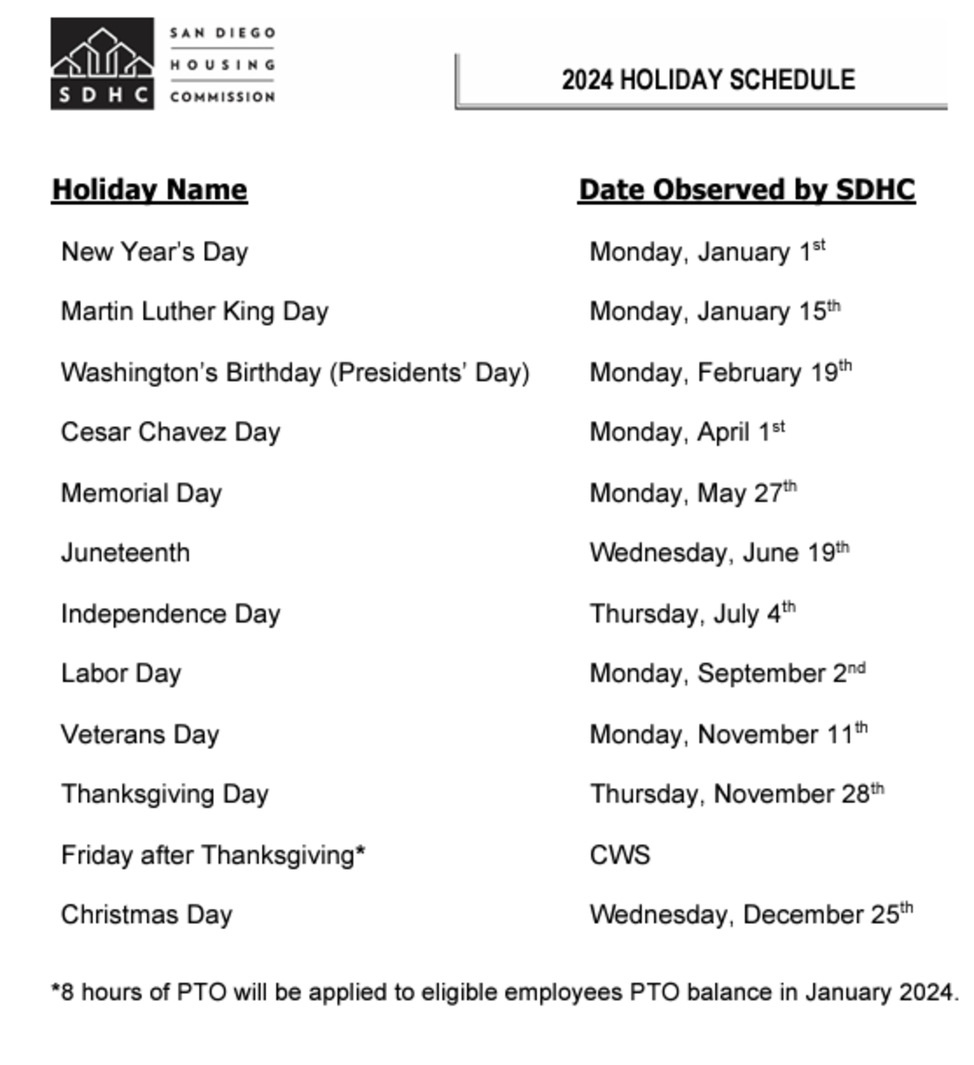 Holiday, CWS Schedule and PTO PublicInput