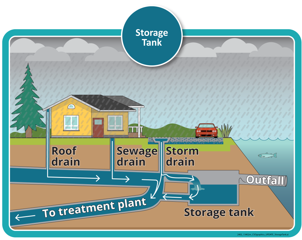 An illustration of our combined sewer system on a rainy day, showing a house and pipes that connect sewage and stormwater to a storage tank that holds water until it can flow to a treatment plant.