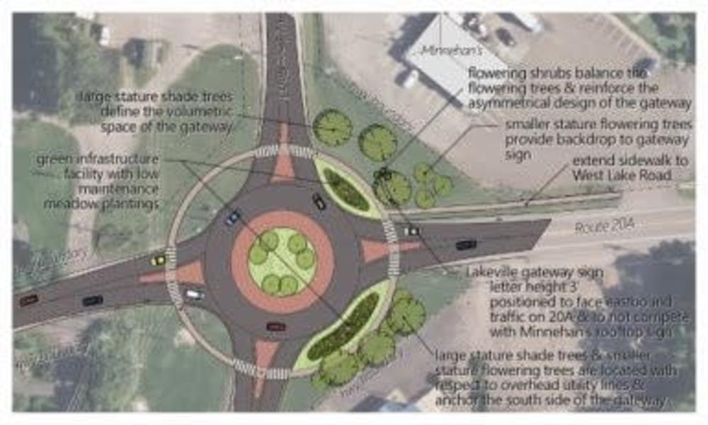 Plan view of the Big Tree Rd at West Lake Road with the roundabout option. 