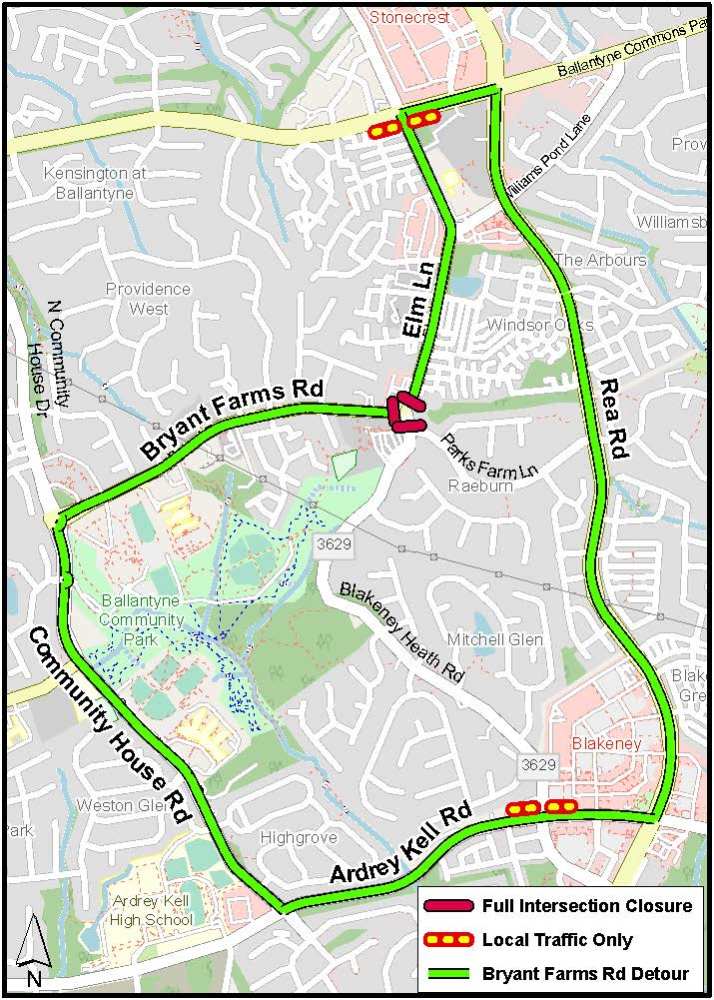 illustrated map of the area showing detour as a green line between barricades marked in red