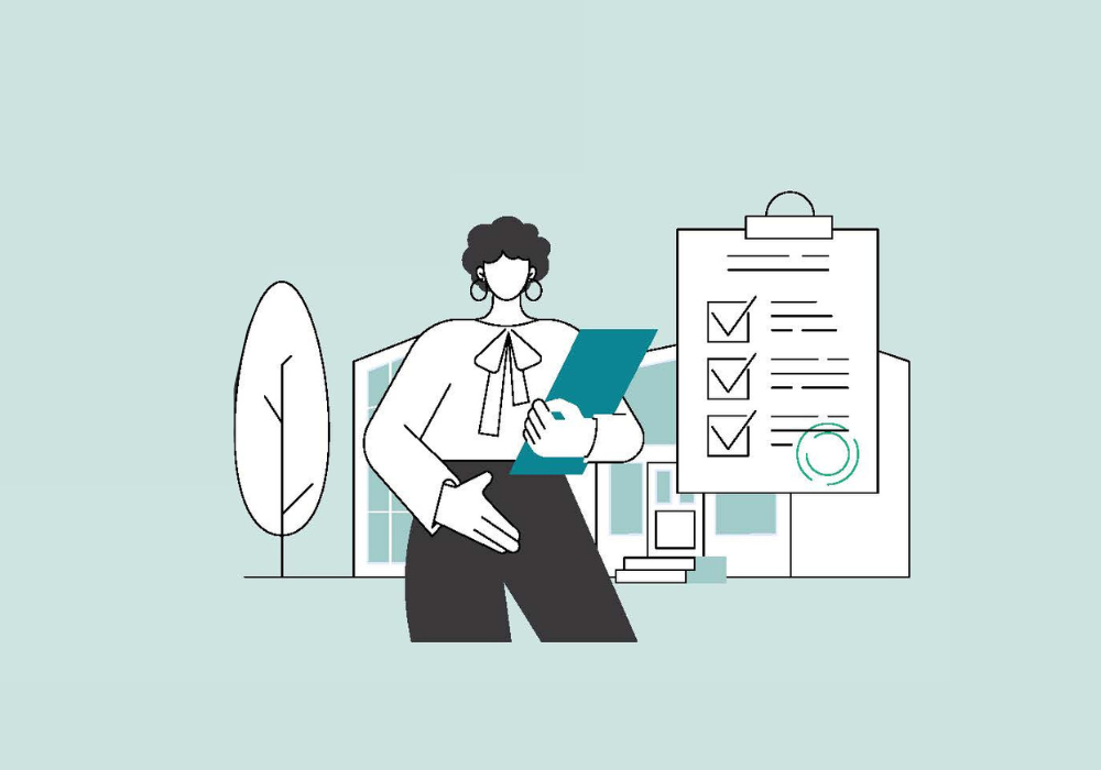 Graphic of a person with papers and a clipboard