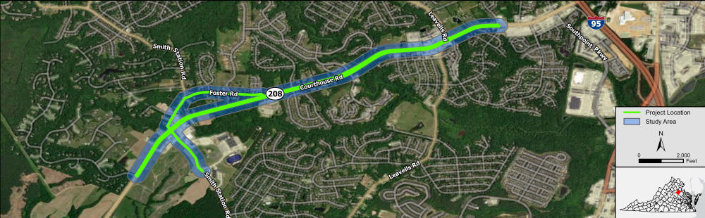 Study area map for Project Pipeline Study FR-23-06 depicting the U.S. Route 208 corridor within Spotsylvania County