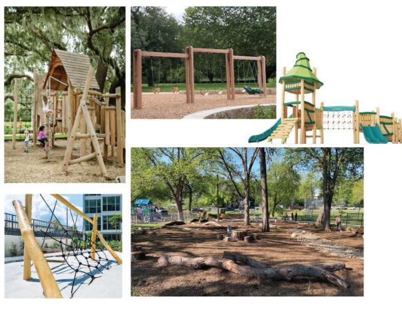 This image shows examples of large scale play amenties that include traditional playscapes a multi-bay swing set large nature play area with several parts and a large net climbing structure.