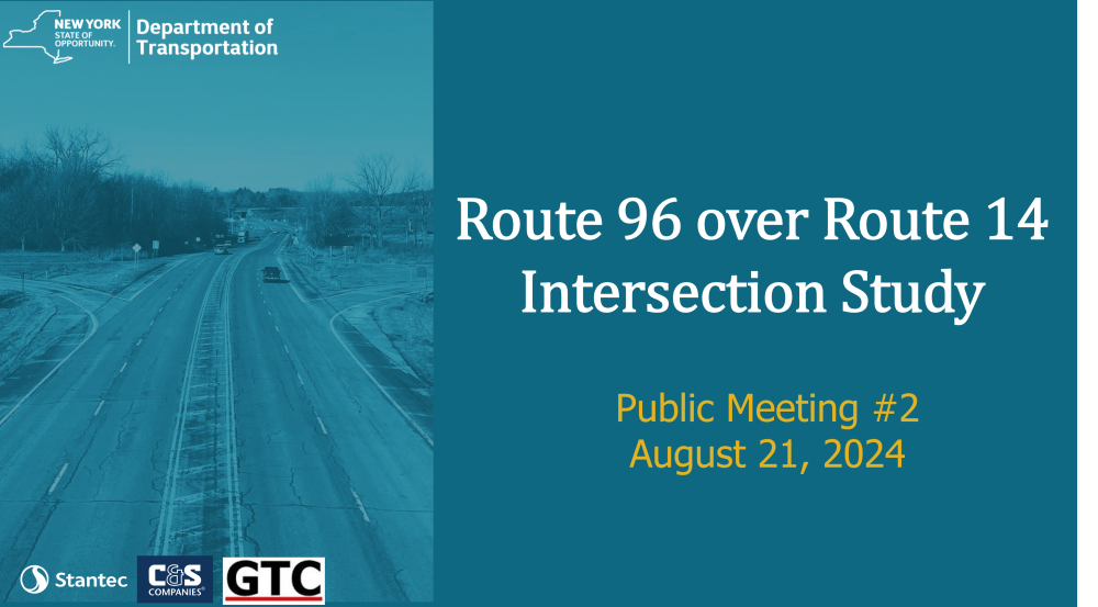 title page showing a section of road, and Route 96 over Route 14 Intersection Study, public meeting #2, August 21, 2024