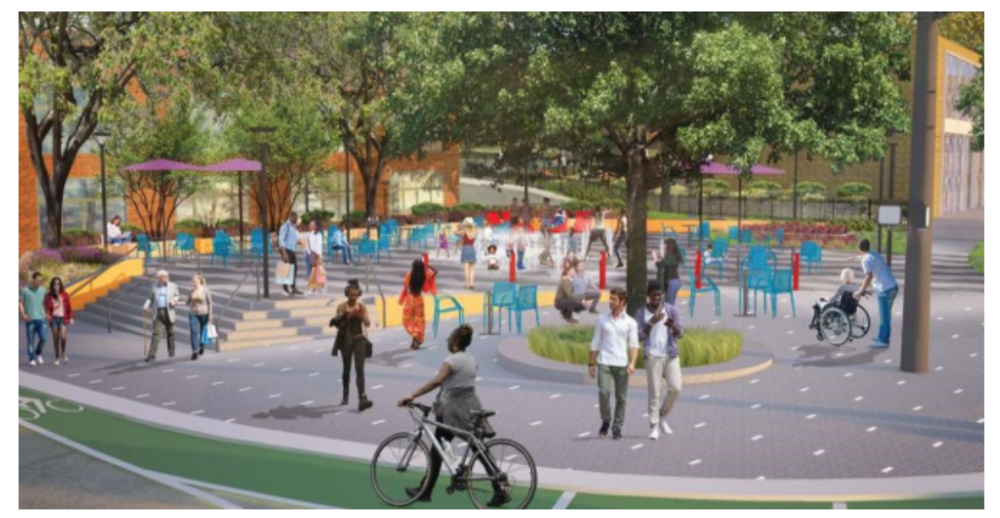 rendering of the new plaza showing colorful seating, people walking and biking