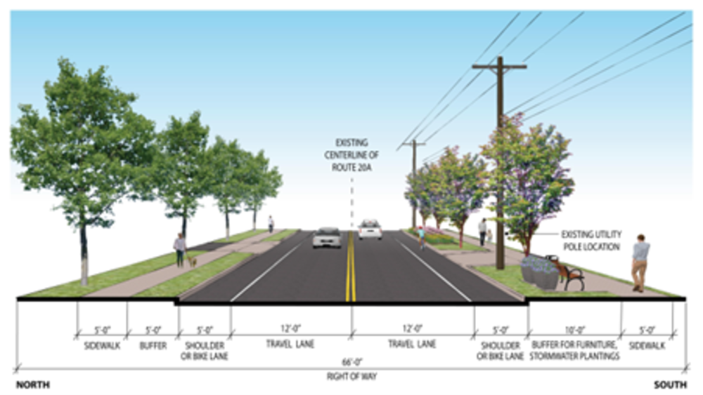 Typical section of Rochester Rd from E. Lake Rd to Bronson Hill Rd  Option 6A  sidewalks