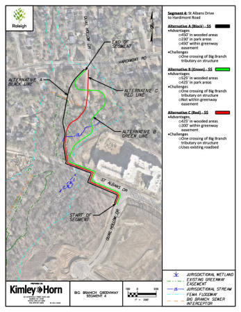 All alignment options for Segment 4 start at St Albans Drive and connect to Hardimont Road at Quail Hollow Drive. Review the alignment options for Segment 4 by clicking on the map image. Note each alignment options advantages and challenges noted on the right side of the image. Then select the alignment alternative you prefer most.