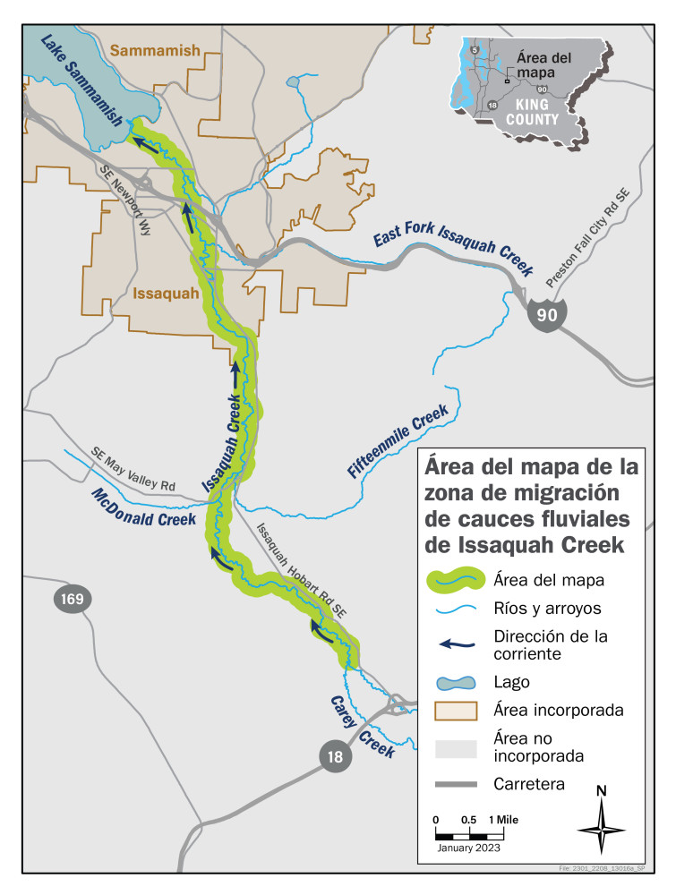 Green highlights the channel migration zone study area on Issaquah Creek.