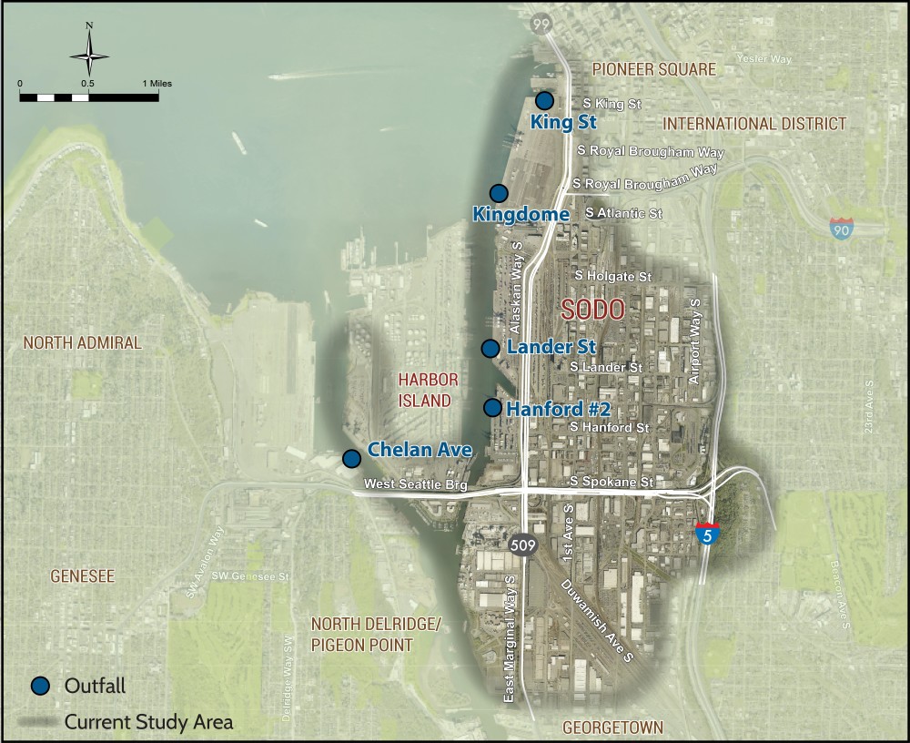 Mapa del punto de emisario en el área de estudio actual.