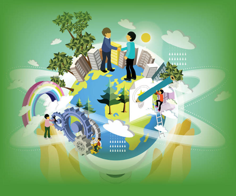 Imagen de la Tierra sobre una bombilla con 2 personas e ideas para crear un ambiente saludable.