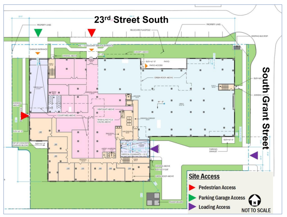 A ground floor plan of the proposed building shows that access to the parking garage would be at the northwest corner of the site. Loading access would be through a driveway that cuts in from the east side of the site and runs parallel to Nelly Custis Park. Pedestrian access would be from the north and west sides of the building.