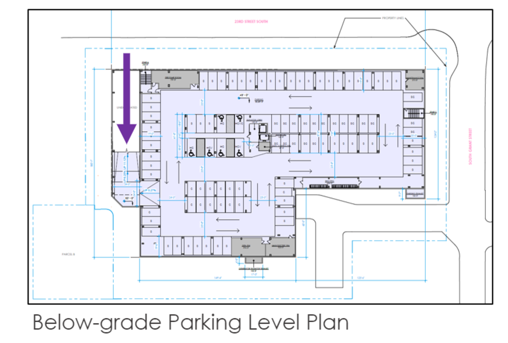 This image shows a floor plan of the proposed building’s below-grade parking garage. Access to the parking garage would be at the northwest corner of the site.