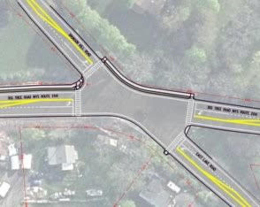 Plan view of improvements with left turn lanes at intersection of Big Tree Rd at East Lake Road and Bronson Hill Rd