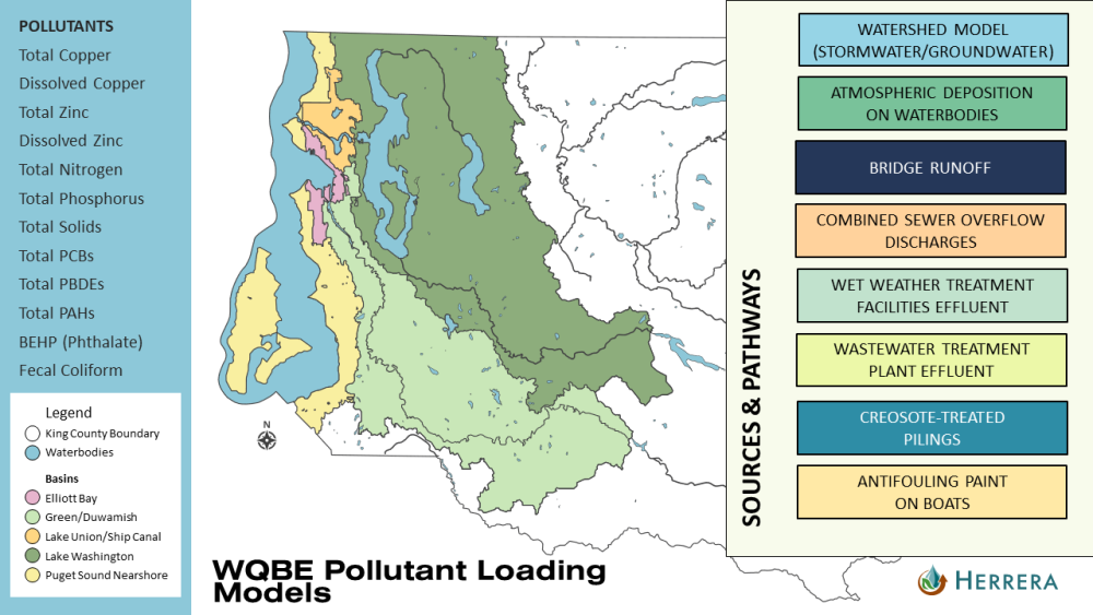 A map of the five watersheds used in phase one which include Elliott Bay, Green/Duwamish, Lake Union/Ship Canal, Lake Washington, and Puget Sound Nearshore