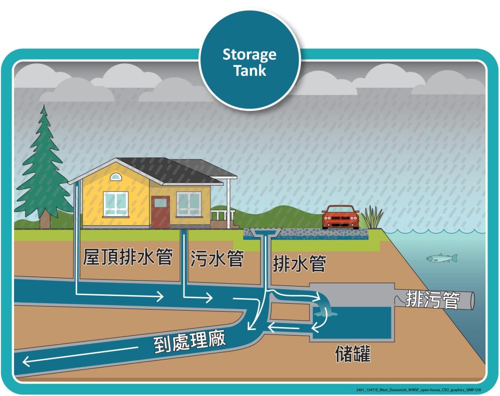 雨季的合流下水道系統示意圖，顯示了一座房屋以及將污水和雨水連接到儲水箱的管道，該儲水箱可用于儲水，直到其能夠流入汙水處理廠