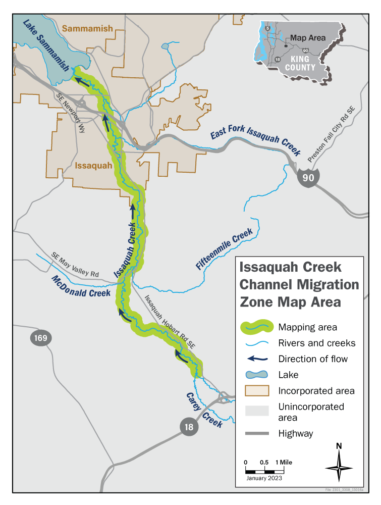 Map showing in green the Issaquah Creek Channel Migration Zone study area along Issaquah Creek.