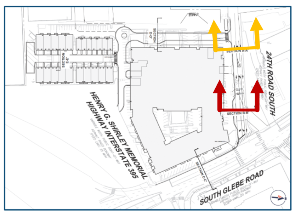 A bird’s-eye-view of the project site showing where the 2 cross-sections of 24th Road South are taken