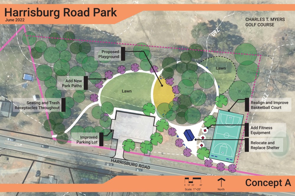 Harrisburg Concept A with Parking, new basketball location, new shelter and playground.