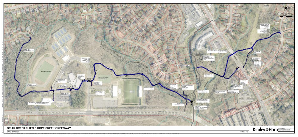 Aerial map of greenway through Marion Diehl Park connecting to XCLT then another section of greenway trail from XCLT along Briar Creek to Manning Drive.