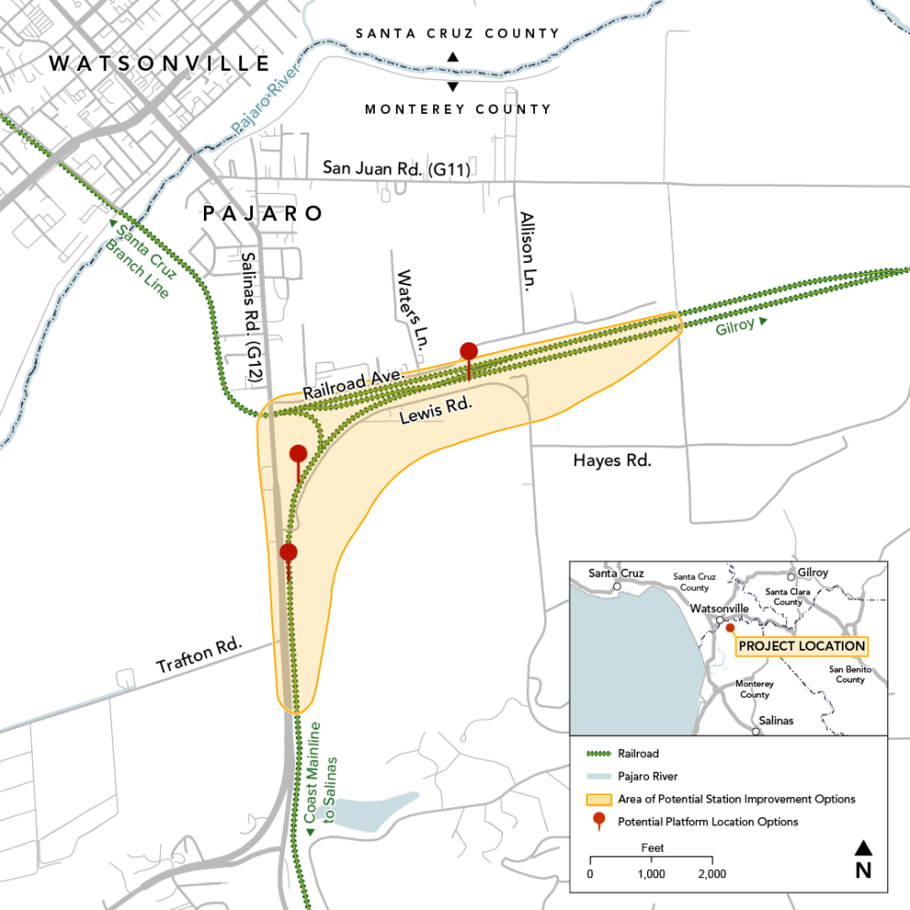 The project area near the boundary between Pajaro and Watsonville and the proposed multimodal station.