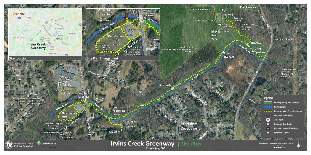 Schematic Site Plan of Irvins Creek Greenway from Idlewild Road to Lakeview Circle.