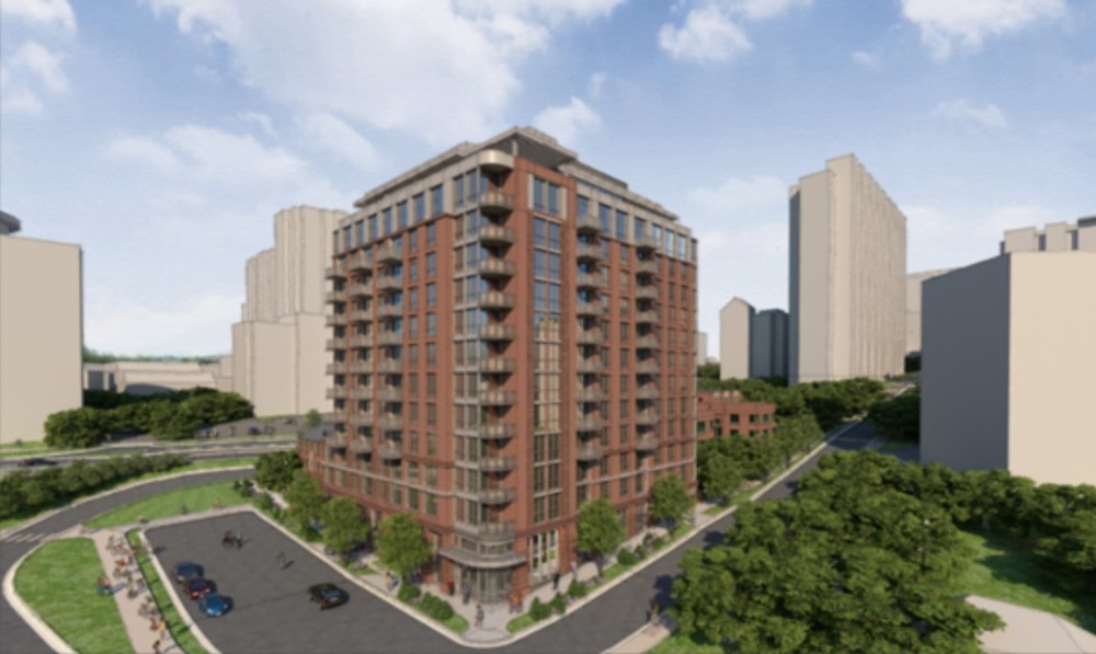 A drawing of a view from the southeast of the proposed 12-story building with balconies