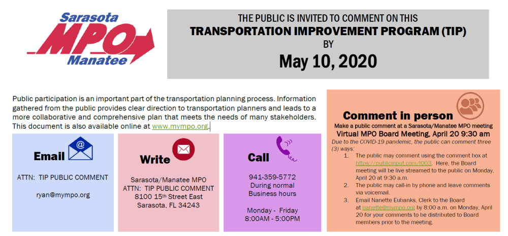 Public is invited to comment on the Transportation Improvement Program by May 10, 2020