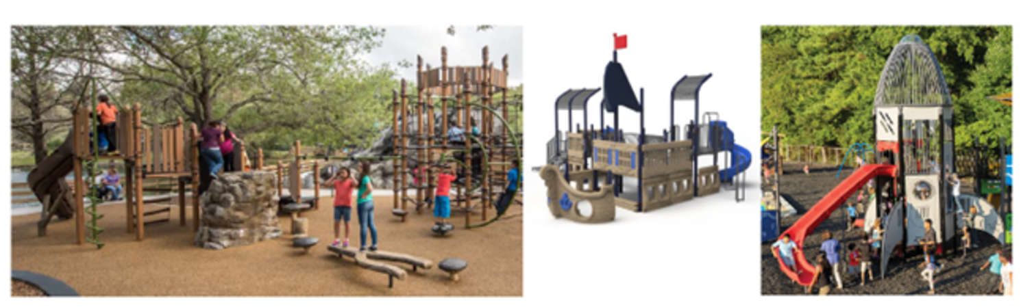 Three themed playscapes are shown: nature/rock ship and space ship themed.