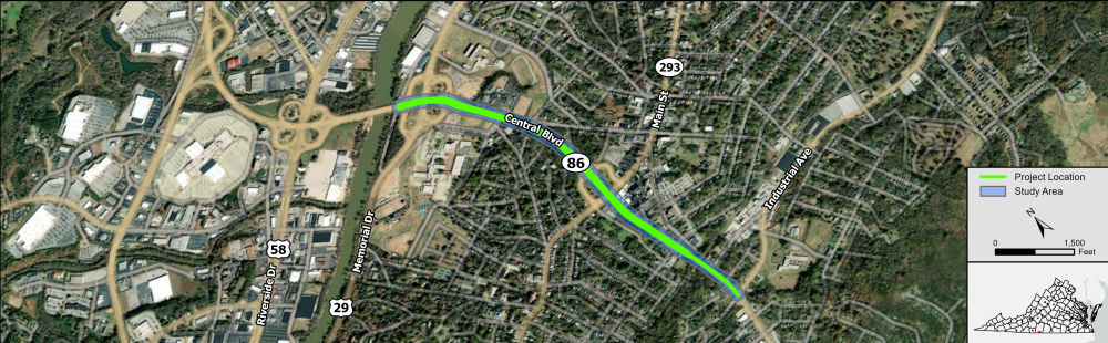Study area map for Project Pipeline Study LY-23-08 depicting the Route 86 (Central Boulevard) corridor between Industrial Avenue and north of Memorial Drive within the City of Danville