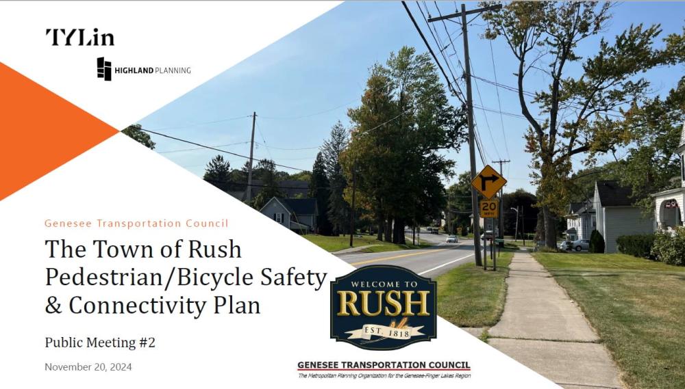 Town of Rush Pedestrian/Bicycle Safety & Connectivity Plan Public Meeting #2 cover slide. Image shows a section of road and sidewalk 