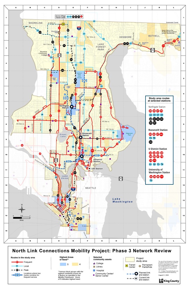 시애틀 북부와 킹 카운티 북부의 버스 노선 경로를 보여주는 3 단계 네트워크 맵.