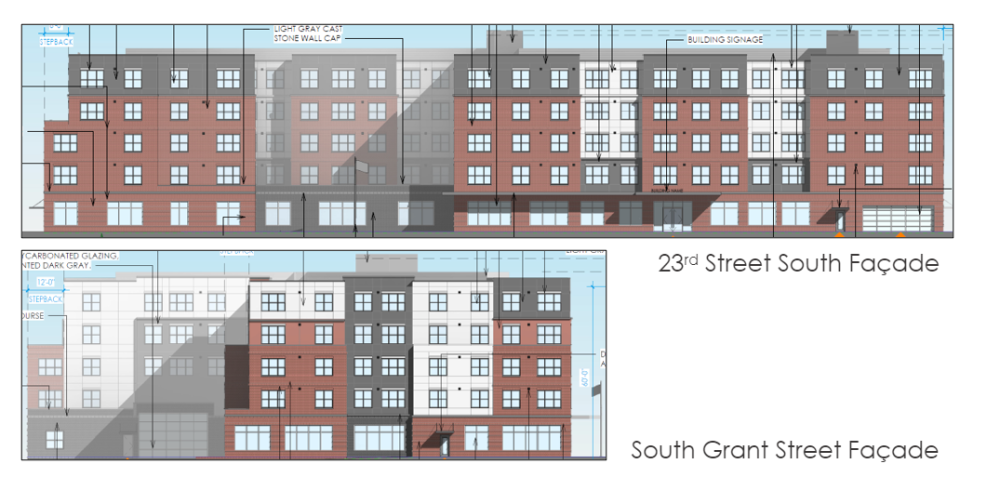 Two diagrams show the colors on the façade of the proposed building: red-orange (brick), dark gray (fiber cement), and white (fiber cement).