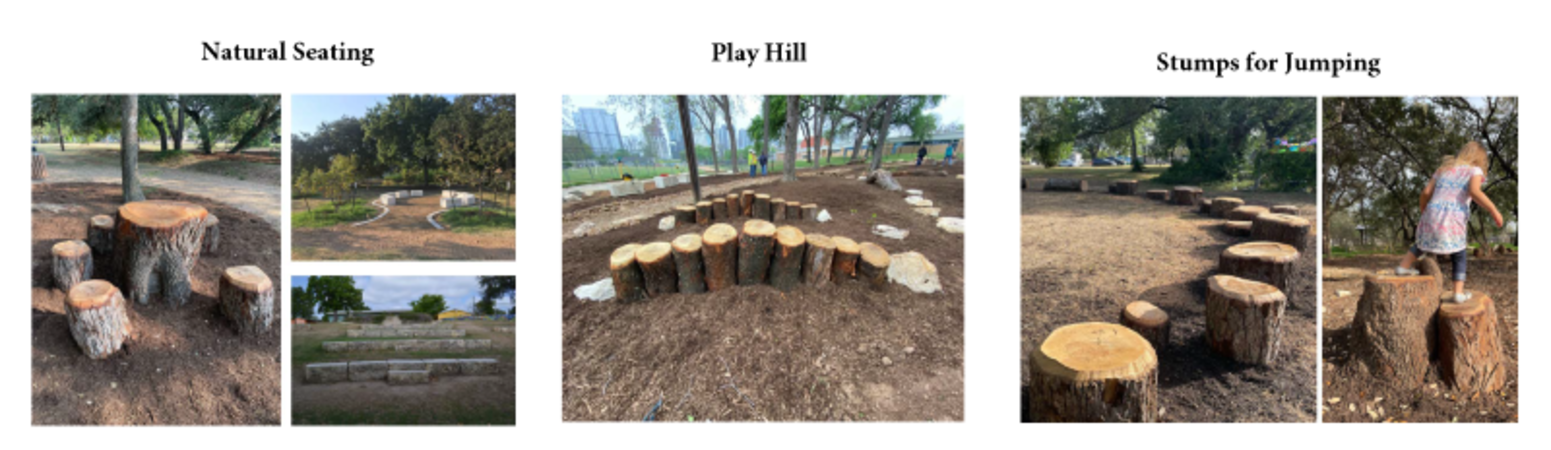 Three examples of nature play are shown: logs for seating a play hill made from wooden logs and stumps for jumping.