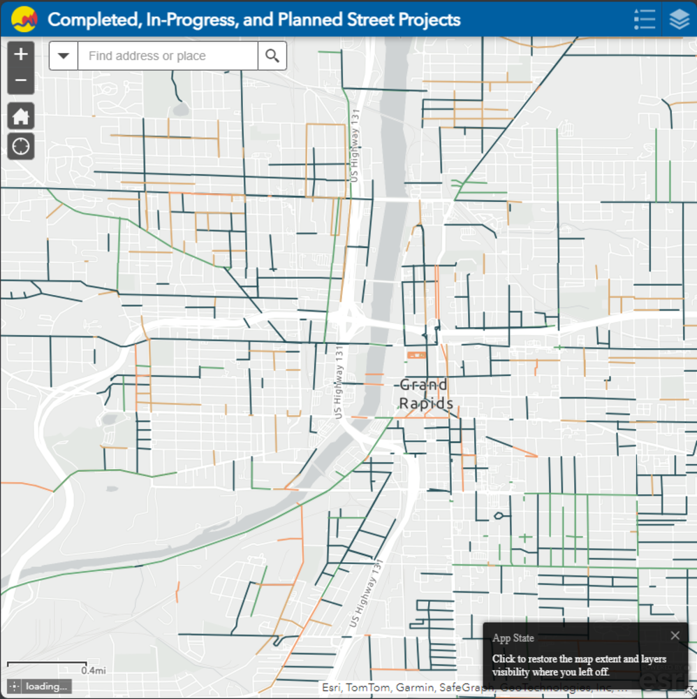 screenshot of the interactive street projects map