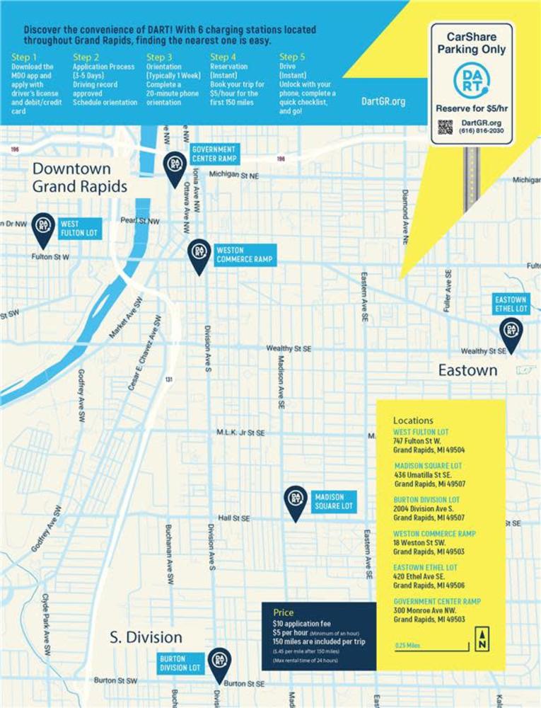 An image of a map that shows the locations of each car share location and lot. 