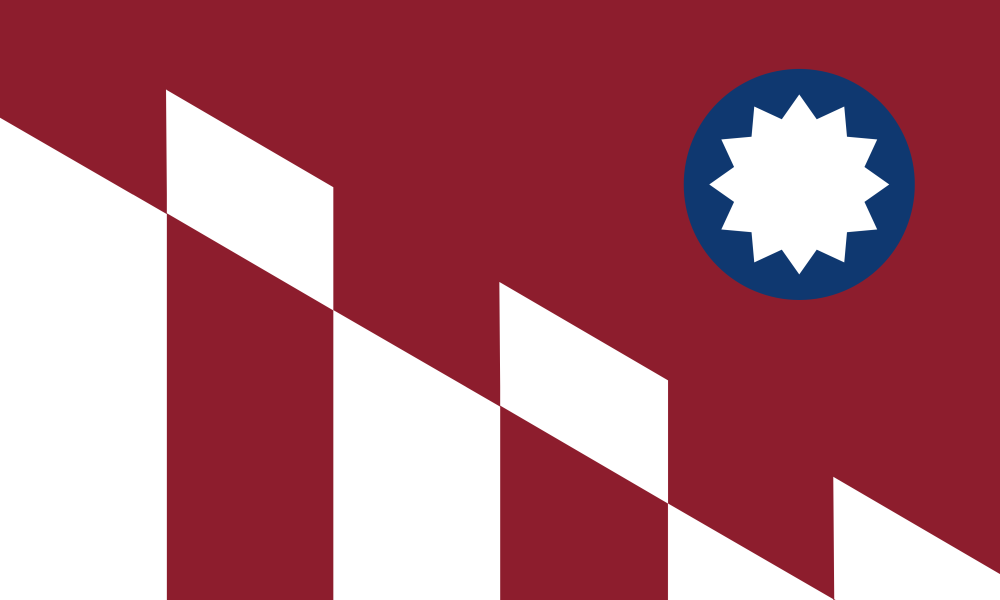Red and white flag with sun outlined in blue