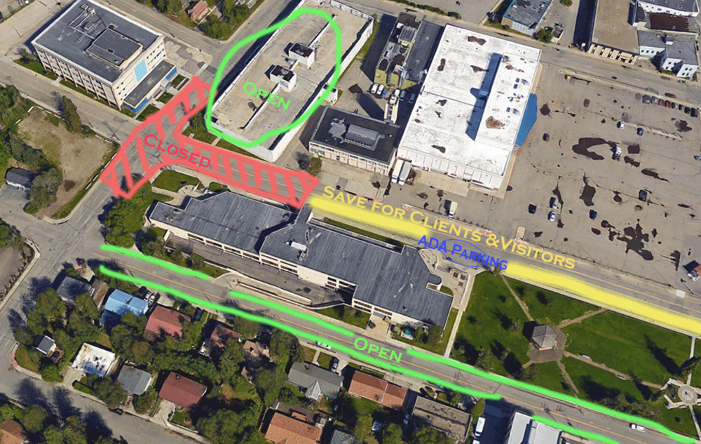 Closure and alternate parking diagram for Fall 2024 construction at the Fairbanks Regional Office Building