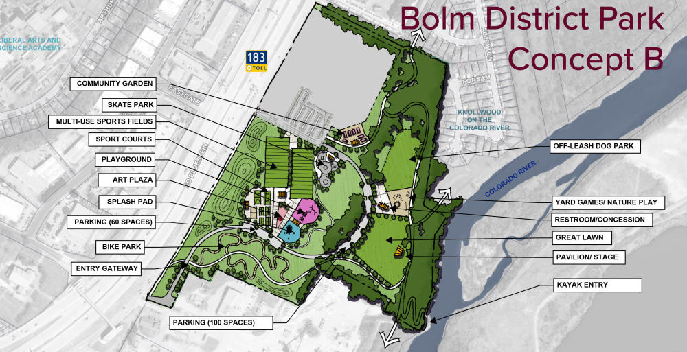 Overhead drawing of Concept B for Bolm Park showing community garden, bike park, skate park, playground, parking, sport courts and fields, meadow, parking, river entry, pavilion stage