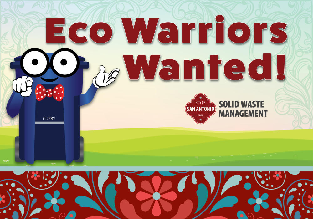 Eco Warriors Wanted: Solid Waste Management with graphic of a smiling, blue recycling bin