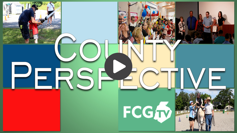 Four photos of people both inside and out. Text reads County Perspective FCG TV