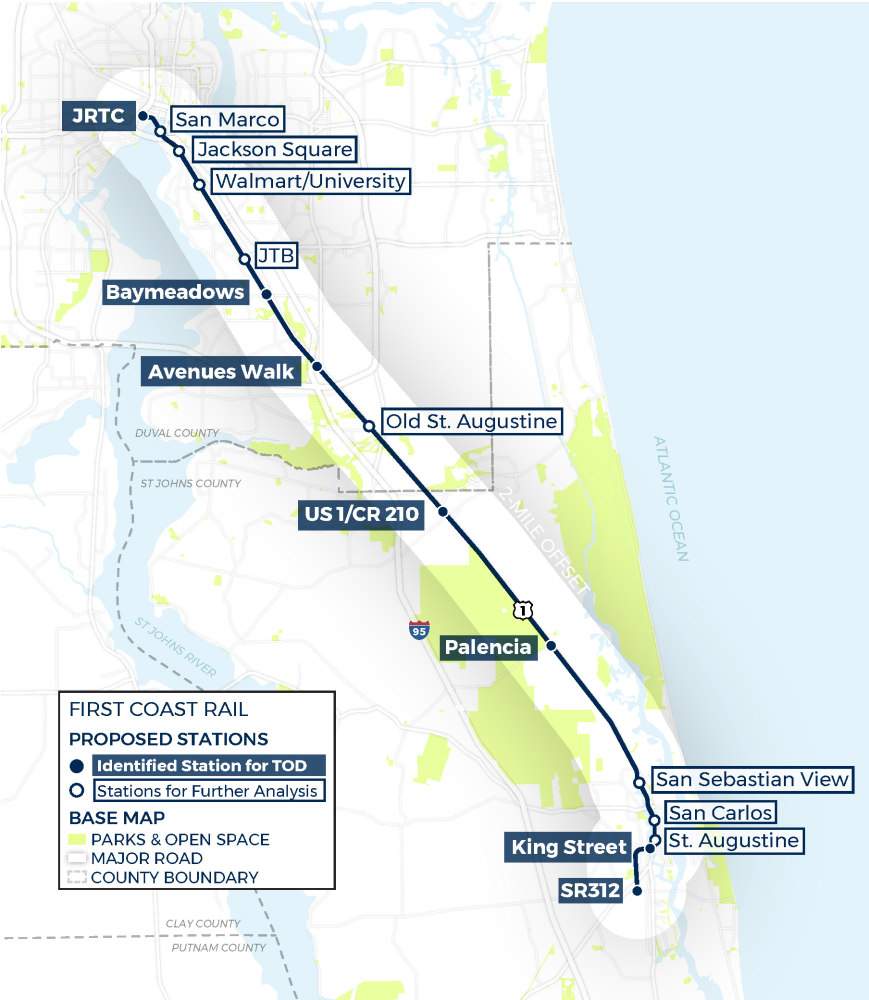 Map showing proposed First Coast Rail Line stations under study for transit-oriented development