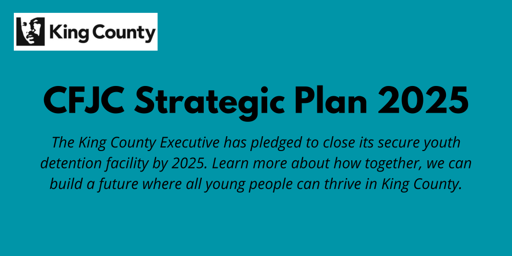 On a teal background, the words CFJC Strategic Plan 2025. King County Logo with Martin Luther King Jr profile in the upper left hand corner.